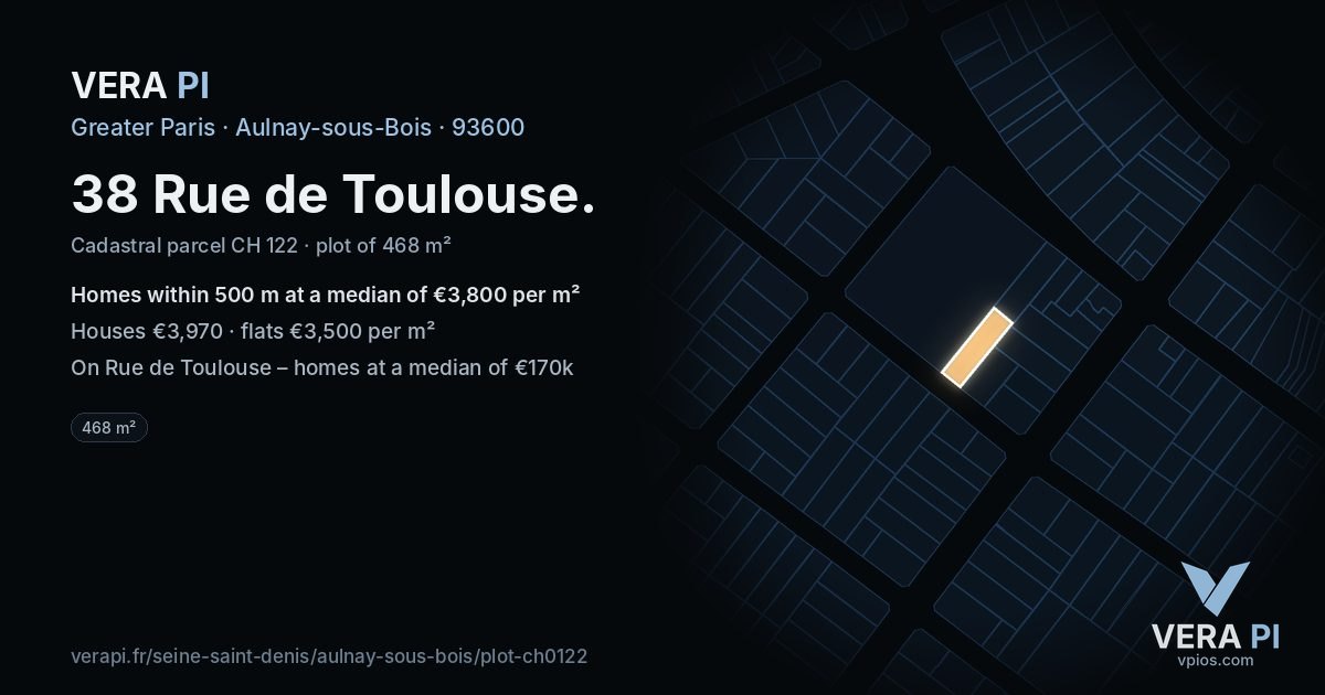38 Rue de Toulouse, Aulnay-sous-Bois at night – the plot lit, the parcels around coloured by the prices near them