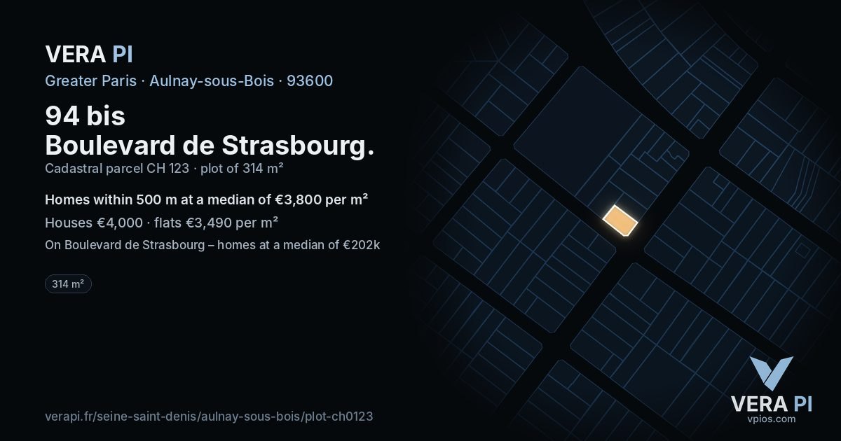 94 bis Boulevard de Strasbourg, Aulnay-sous-Bois at night – the plot lit, the parcels around coloured by the prices near them