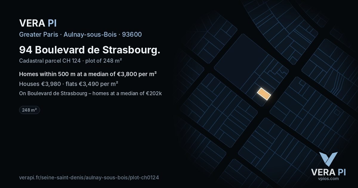 94 Boulevard de Strasbourg, Aulnay-sous-Bois at night – the plot lit, the parcels around coloured by the prices near them