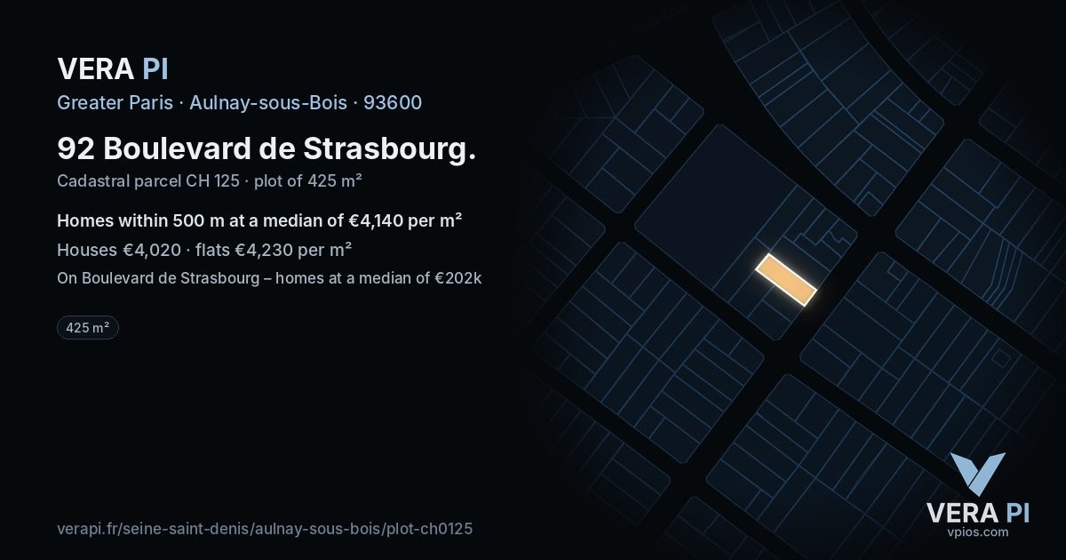 92 Boulevard de Strasbourg, Aulnay-sous-Bois at night – the plot lit, the parcels around coloured by the prices near them