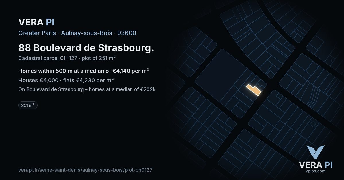 88 Boulevard de Strasbourg, Aulnay-sous-Bois at night – the plot lit, the parcels around coloured by the prices near them