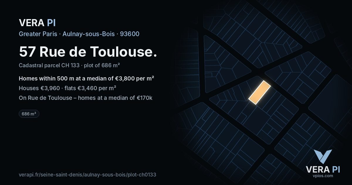 57 Rue de Toulouse, Aulnay-sous-Bois at night – the plot lit, the parcels around coloured by the prices near them