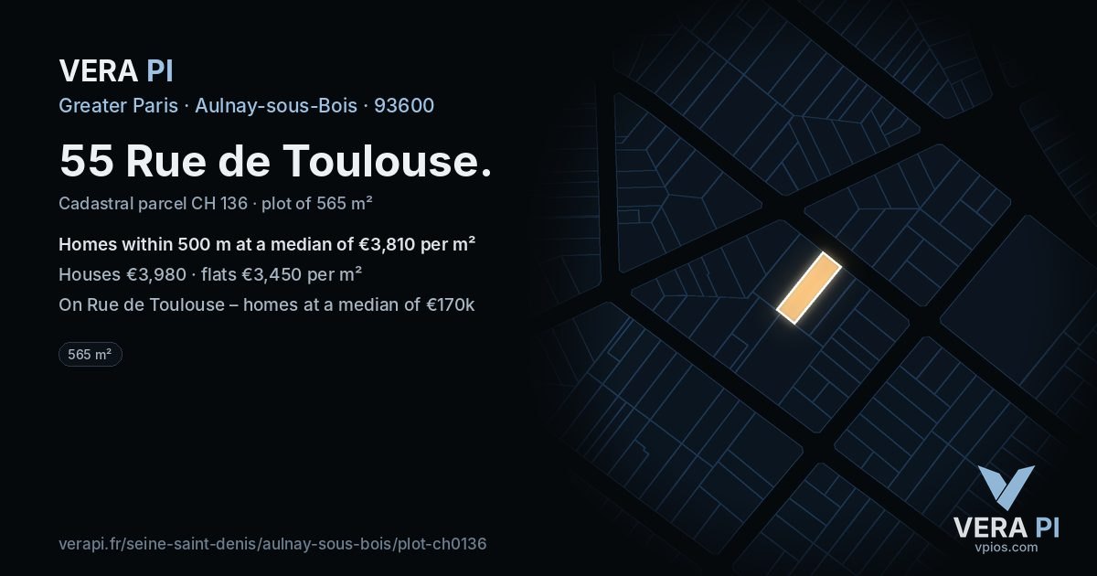 55 Rue de Toulouse, Aulnay-sous-Bois at night – the plot lit, the parcels around coloured by the prices near them