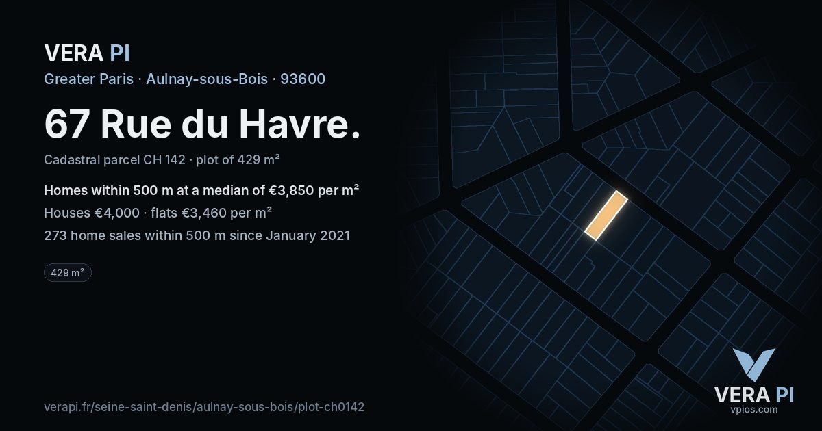 67 Rue du Havre, Aulnay-sous-Bois at night – the plot lit, the parcels around coloured by the prices near them