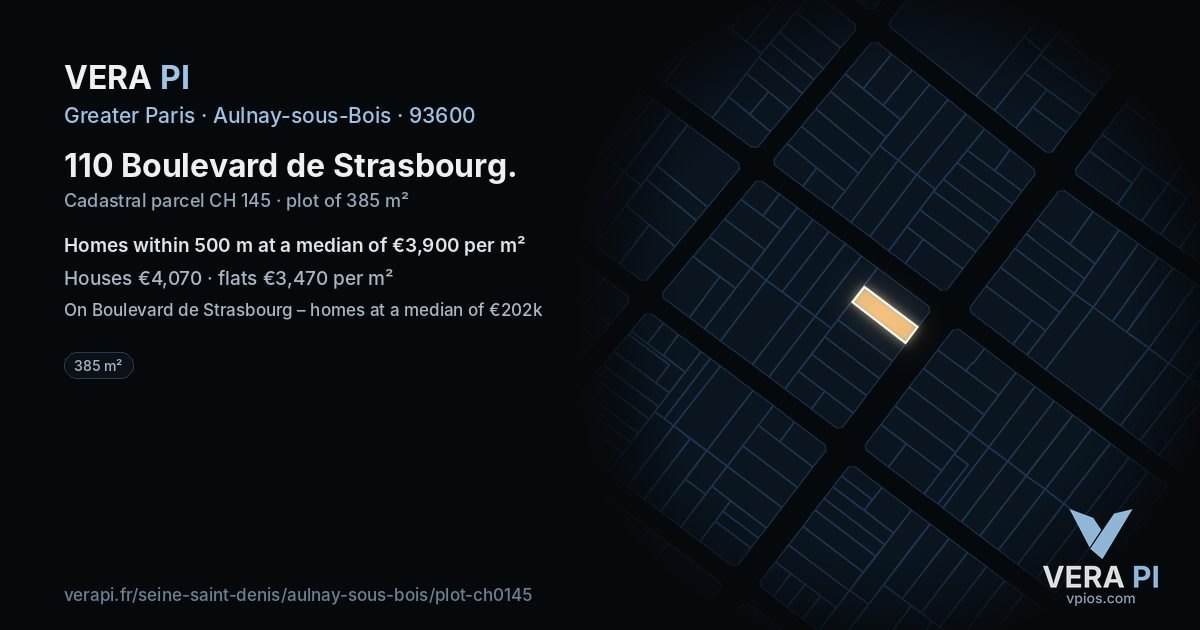 110 Boulevard de Strasbourg, Aulnay-sous-Bois at night – the plot lit, the parcels around coloured by the prices near them