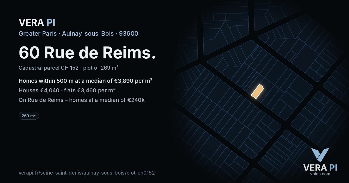 60 Rue de Reims, Aulnay-sous-Bois at night – the plot lit, the parcels around coloured by the prices near them