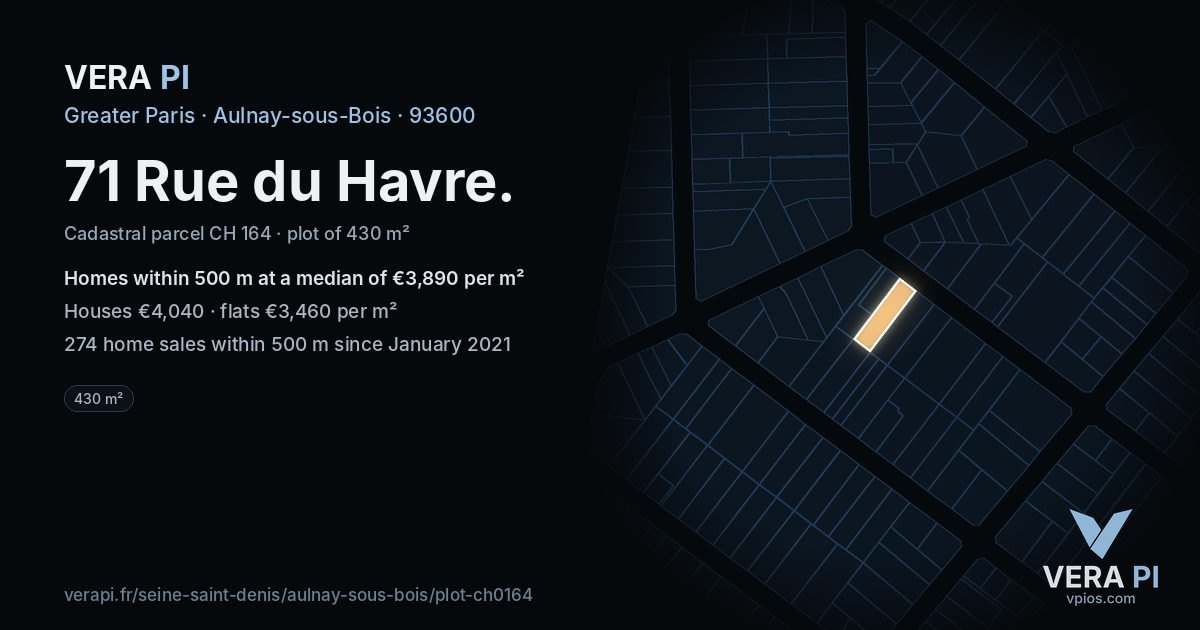 71 Rue du Havre, Aulnay-sous-Bois at night – the plot lit, the parcels around coloured by the prices near them