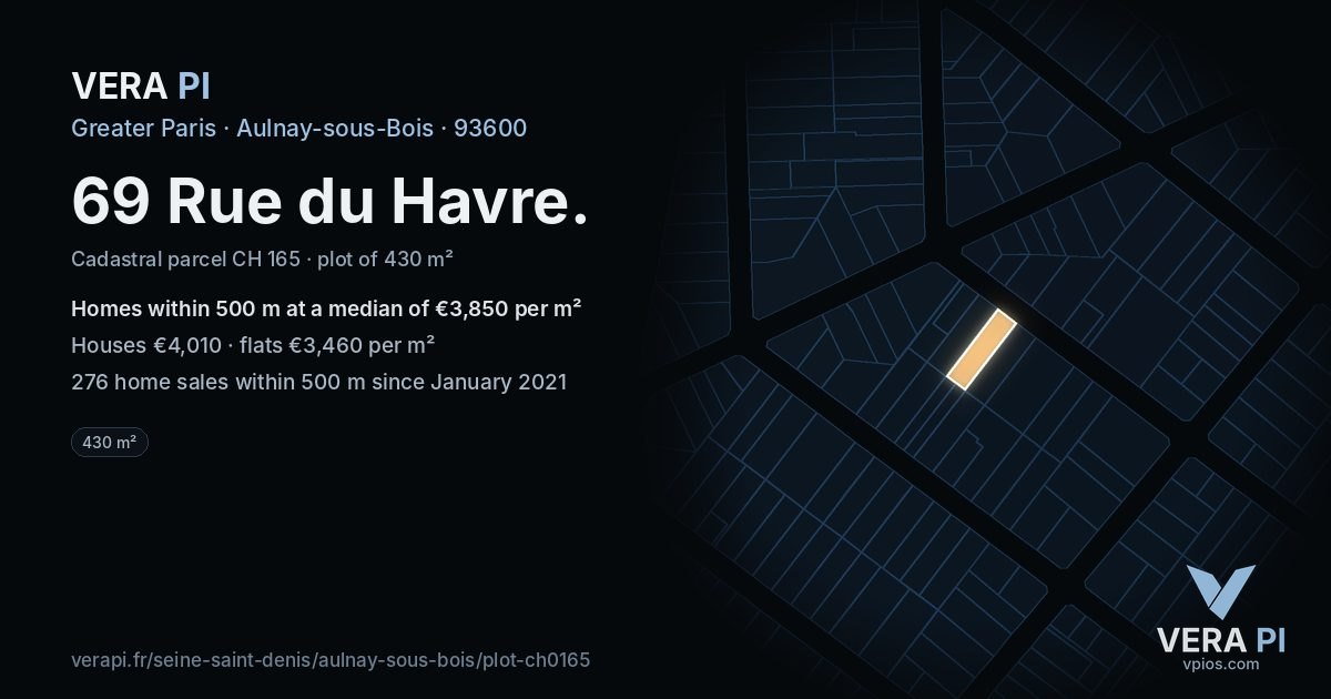 69 Rue du Havre, Aulnay-sous-Bois at night – the plot lit, the parcels around coloured by the prices near them