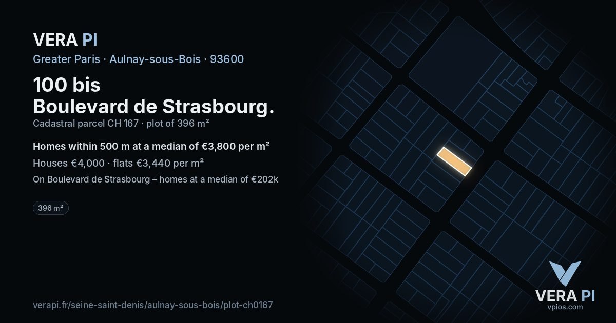 100 bis Boulevard de Strasbourg, Aulnay-sous-Bois at night – the plot lit, the parcels around coloured by the prices near them
