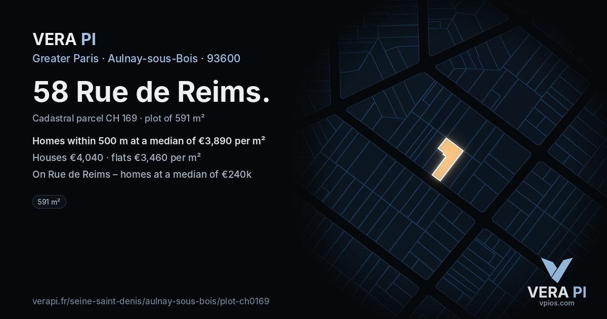 58 Rue de Reims, Aulnay-sous-Bois at night – the plot lit, the parcels around coloured by the prices near them