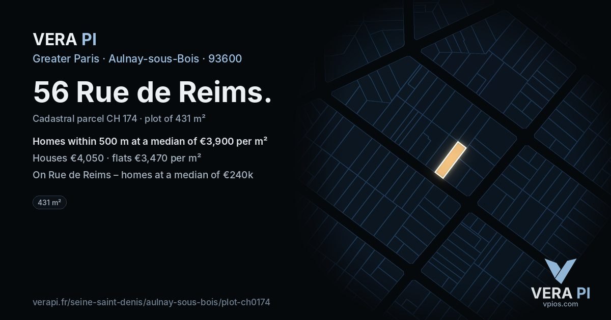 56 Rue de Reims, Aulnay-sous-Bois at night – the plot lit, the parcels around coloured by the prices near them