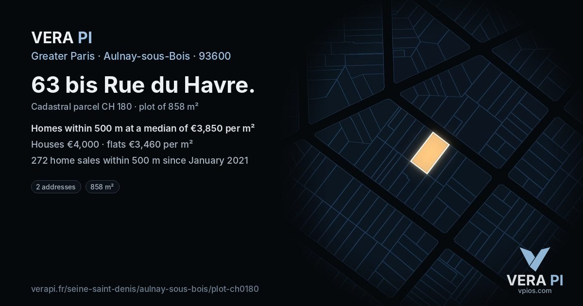 63 bis Rue du Havre, Aulnay-sous-Bois at night – the plot lit, the parcels around coloured by the prices near them