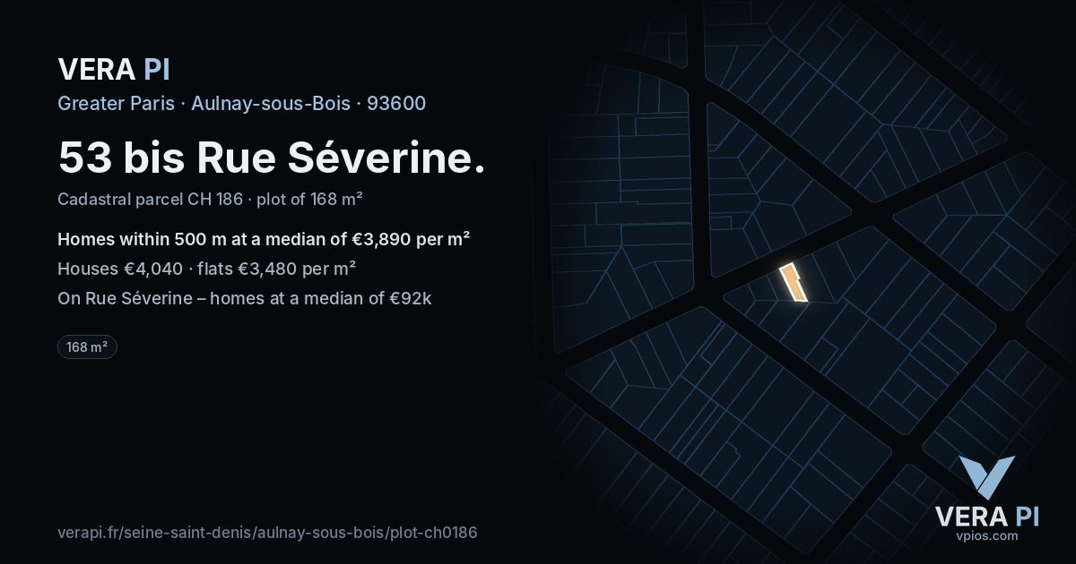 53 bis Rue Séverine, Aulnay-sous-Bois at night – the plot lit, the parcels around coloured by the prices near them