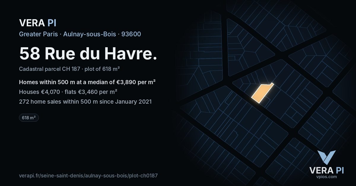 58 Rue du Havre, Aulnay-sous-Bois at night – the plot lit, the parcels around coloured by the prices near them