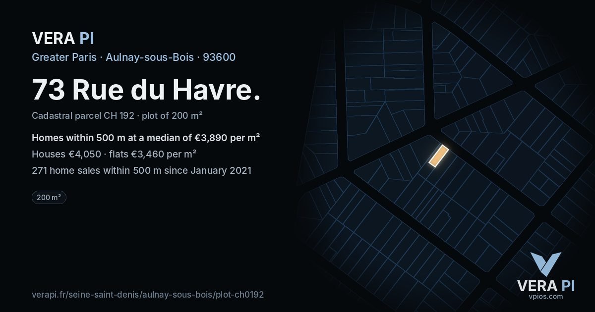 73 Rue du Havre, Aulnay-sous-Bois at night – the plot lit, the parcels around coloured by the prices near them
