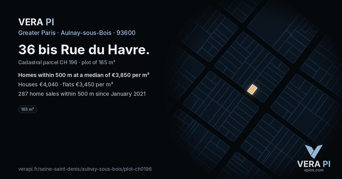 36 bis Rue du Havre, Aulnay-sous-Bois at night – the plot lit, the parcels around coloured by the prices near them