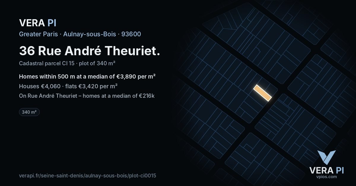 36 Rue André Theuriet, Aulnay-sous-Bois at night – the plot lit, the parcels around coloured by the prices near them