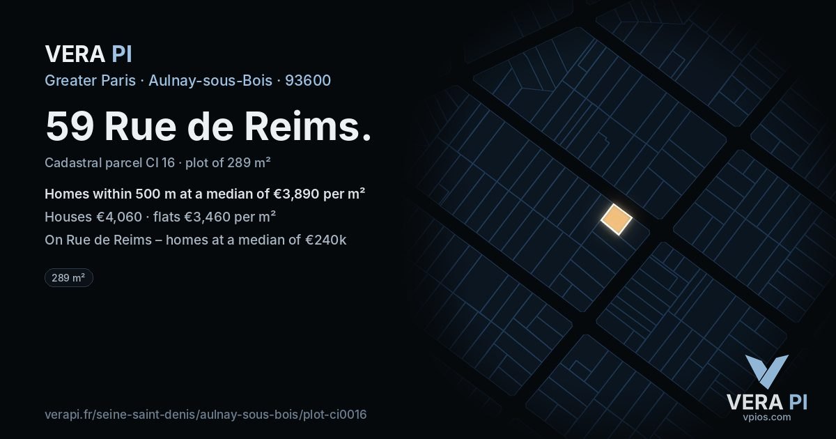 59 Rue de Reims, Aulnay-sous-Bois at night – the plot lit, the parcels around coloured by the prices near them