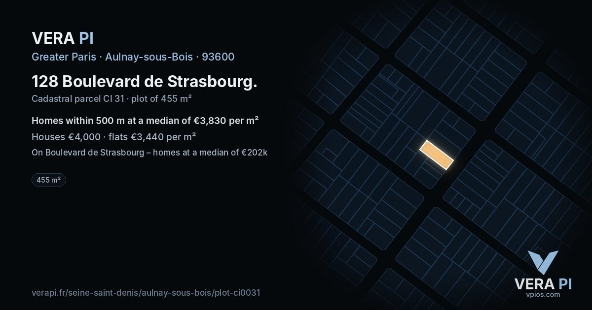 128 Boulevard de Strasbourg, Aulnay-sous-Bois at night – the plot lit, the parcels around coloured by the prices near them