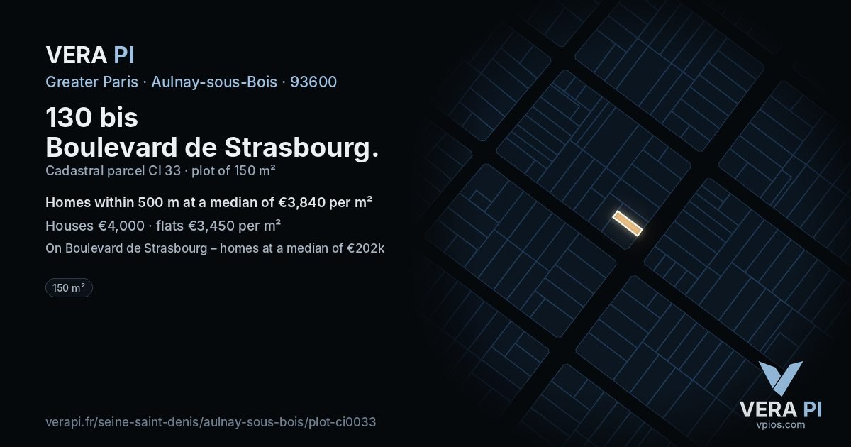 130 bis Boulevard de Strasbourg, Aulnay-sous-Bois at night – the plot lit, the parcels around coloured by the prices near them