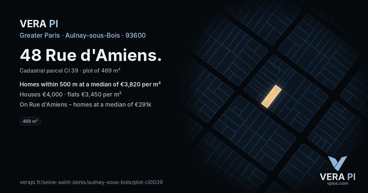 48 Rue d'Amiens, Aulnay-sous-Bois at night – the plot lit, the parcels around coloured by the prices near them