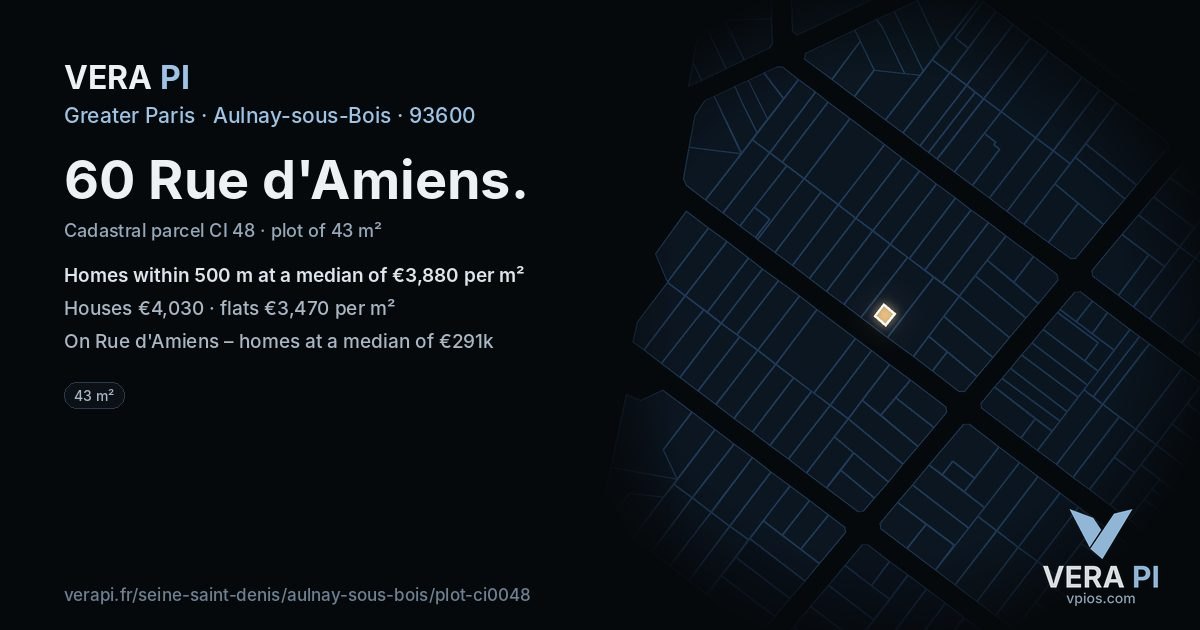 60 Rue d'Amiens, Aulnay-sous-Bois at night – the plot lit, the parcels around coloured by the prices near them