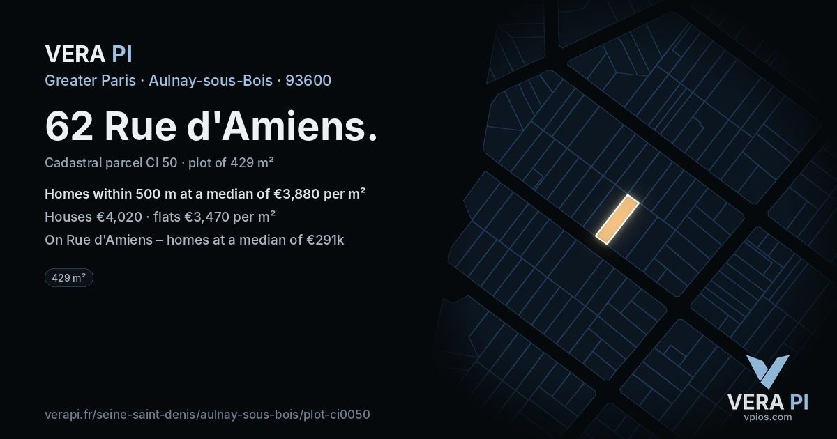 62 Rue d'Amiens, Aulnay-sous-Bois at night – the plot lit, the parcels around coloured by the prices near them