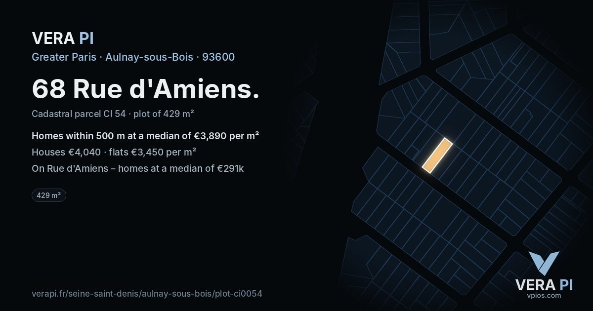 68 Rue d'Amiens, Aulnay-sous-Bois at night – the plot lit, the parcels around coloured by the prices near them
