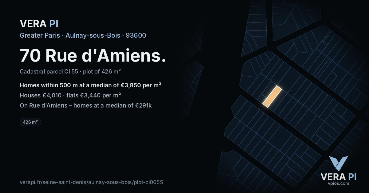 70 Rue d'Amiens, Aulnay-sous-Bois at night – the plot lit, the parcels around coloured by the prices near them