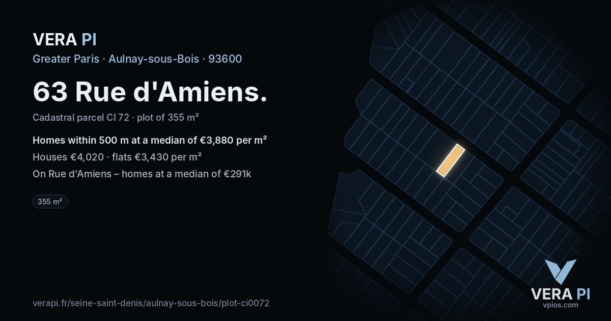 63 Rue d'Amiens, Aulnay-sous-Bois at night – the plot lit, the parcels around coloured by the prices near them