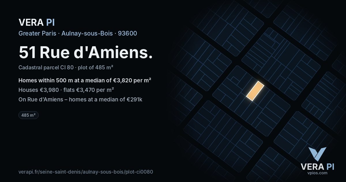 51 Rue d'Amiens, Aulnay-sous-Bois at night – the plot lit, the parcels around coloured by the prices near them