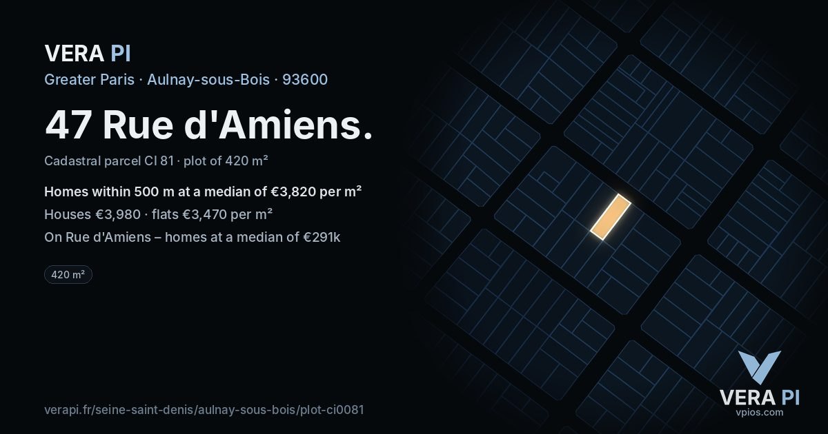 47 Rue d'Amiens, Aulnay-sous-Bois at night – the plot lit, the parcels around coloured by the prices near them