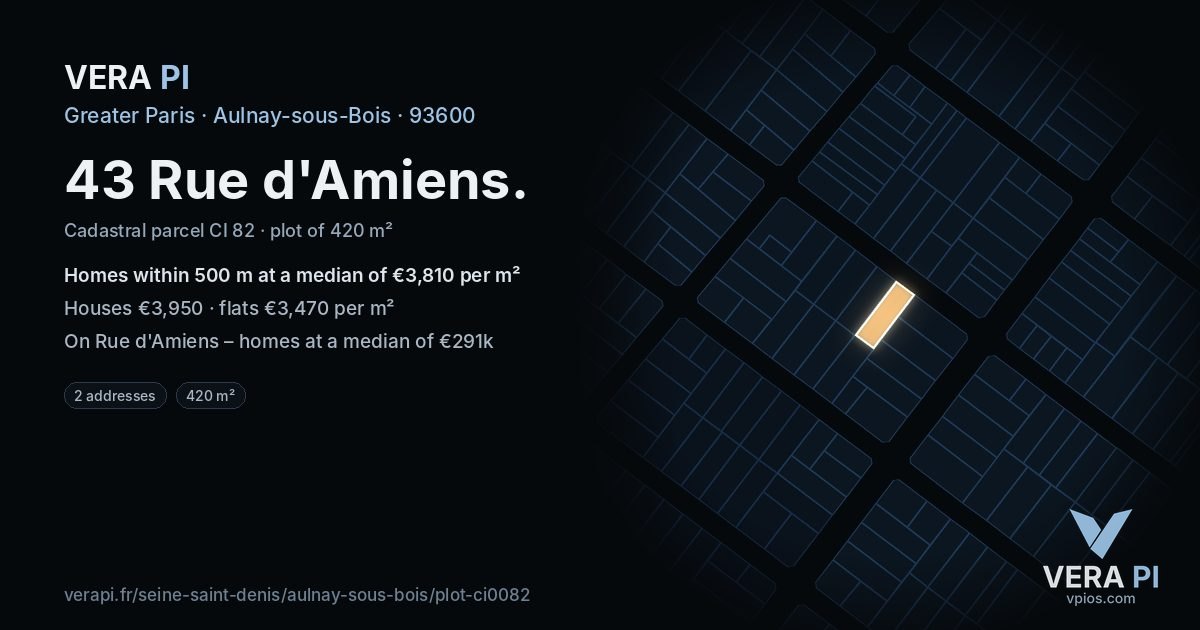 43 Rue d'Amiens, Aulnay-sous-Bois at night – the plot lit, the parcels around coloured by the prices near them