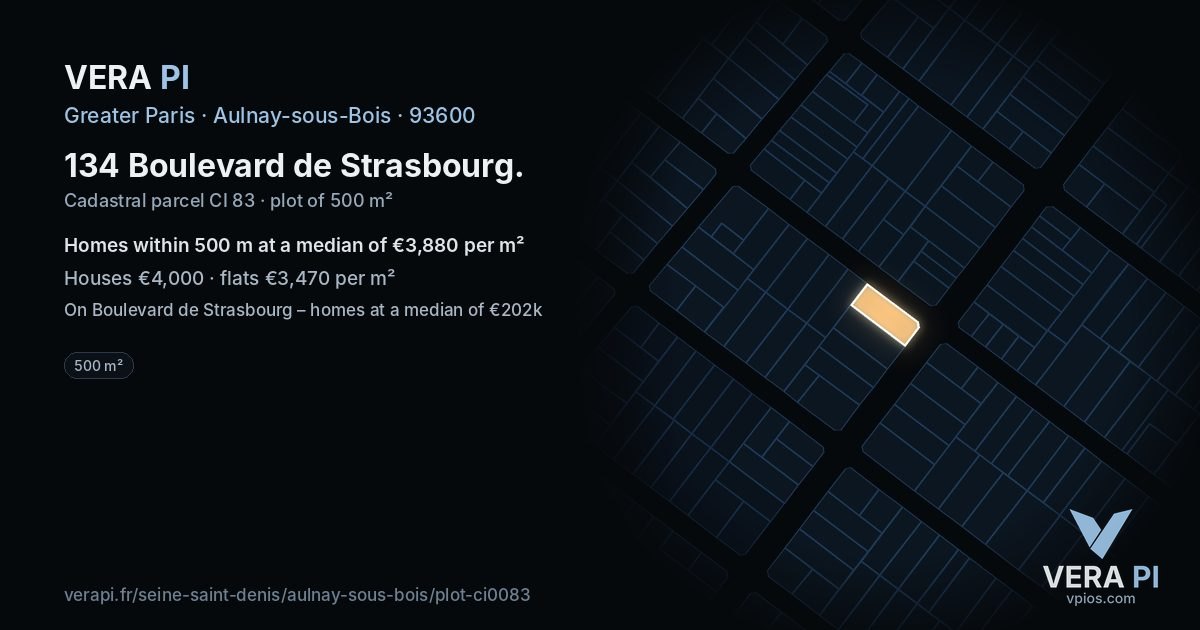 134 Boulevard de Strasbourg, Aulnay-sous-Bois at night – the plot lit, the parcels around coloured by the prices near them