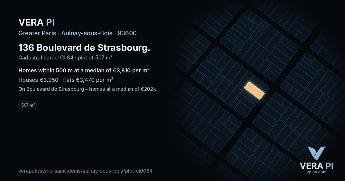 136 Boulevard de Strasbourg, Aulnay-sous-Bois at night – the plot lit, the parcels around coloured by the prices near them