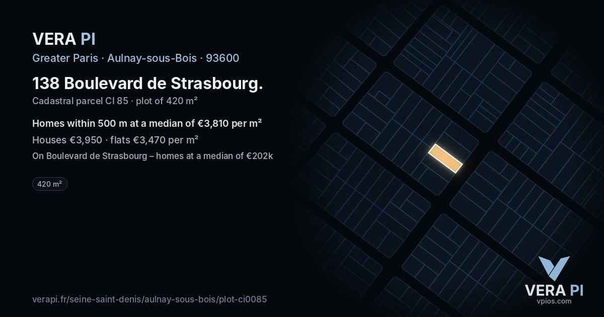 138 Boulevard de Strasbourg, Aulnay-sous-Bois at night – the plot lit, the parcels around coloured by the prices near them