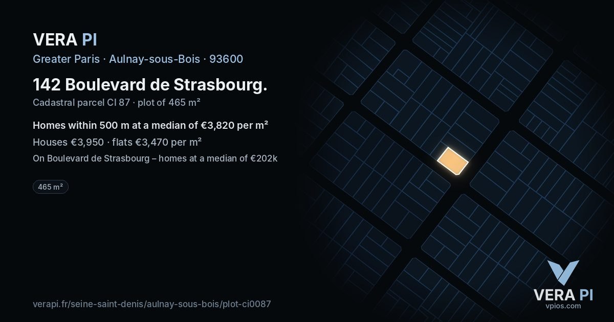 142 Boulevard de Strasbourg, Aulnay-sous-Bois at night – the plot lit, the parcels around coloured by the prices near them