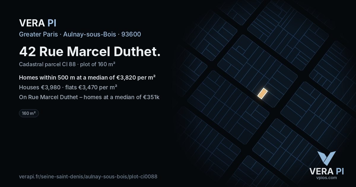 42 Rue Marcel Duthet, Aulnay-sous-Bois at night – the plot lit, the parcels around coloured by the prices near them