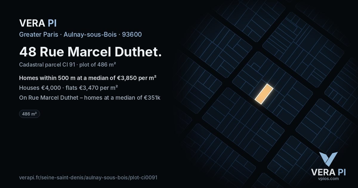 48 Rue Marcel Duthet, Aulnay-sous-Bois at night – the plot lit, the parcels around coloured by the prices near them