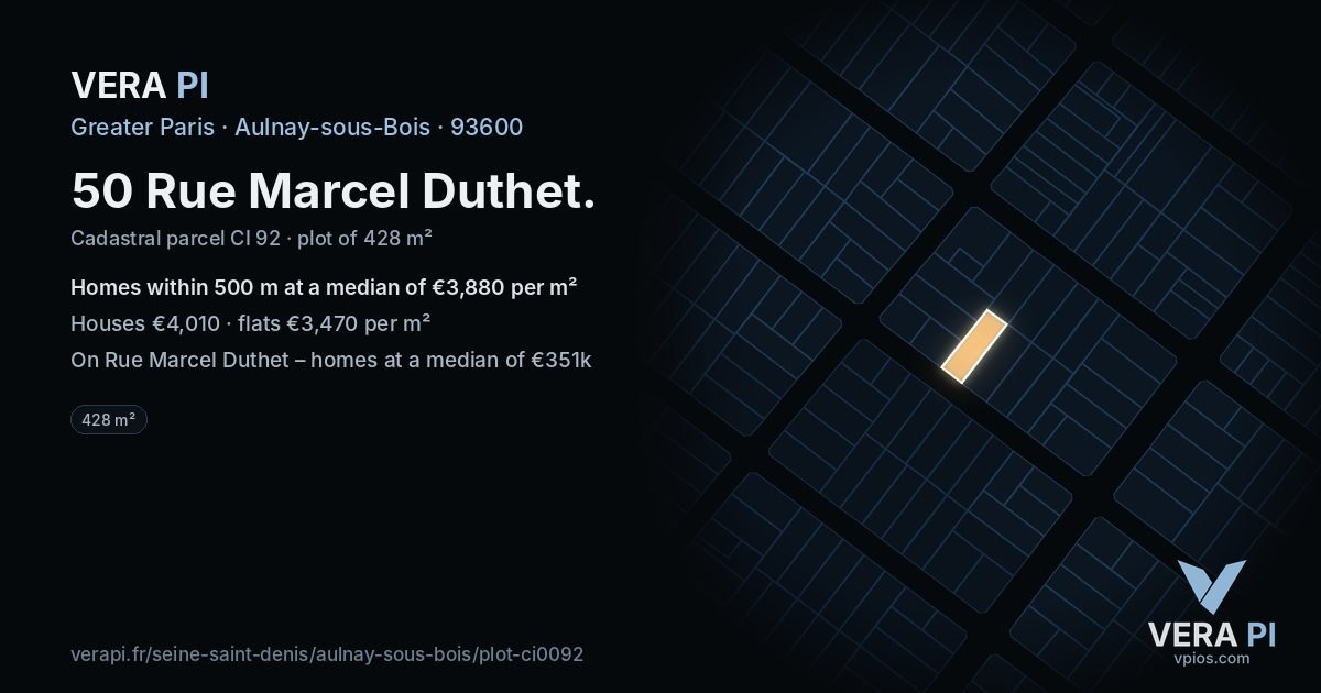 50 Rue Marcel Duthet, Aulnay-sous-Bois at night – the plot lit, the parcels around coloured by the prices near them