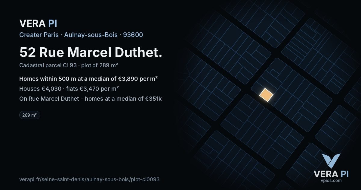 52 Rue Marcel Duthet, Aulnay-sous-Bois at night – the plot lit, the parcels around coloured by the prices near them