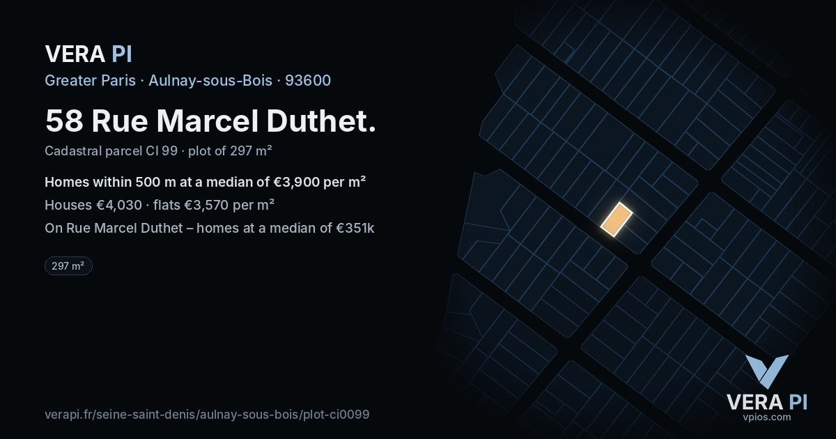 58 Rue Marcel Duthet, Aulnay-sous-Bois at night – the plot lit, the parcels around coloured by the prices near them