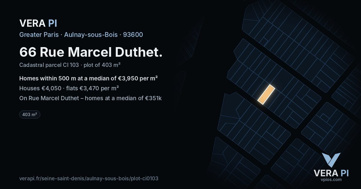 66 Rue Marcel Duthet, Aulnay-sous-Bois at night – the plot lit, the parcels around coloured by the prices near them