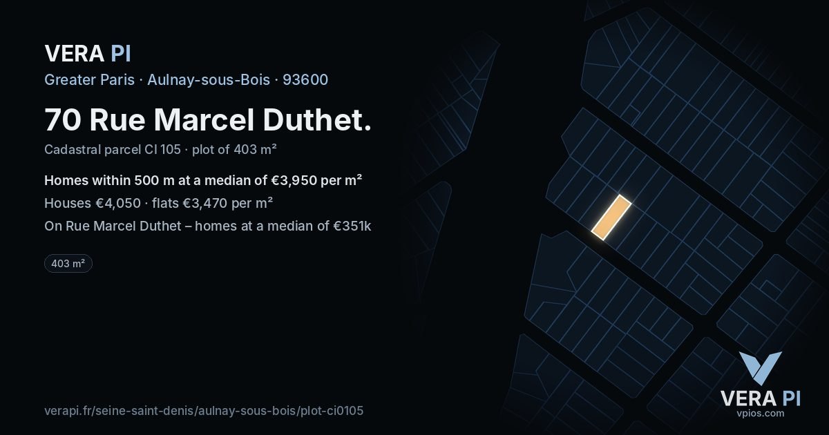 70 Rue Marcel Duthet, Aulnay-sous-Bois at night – the plot lit, the parcels around coloured by the prices near them