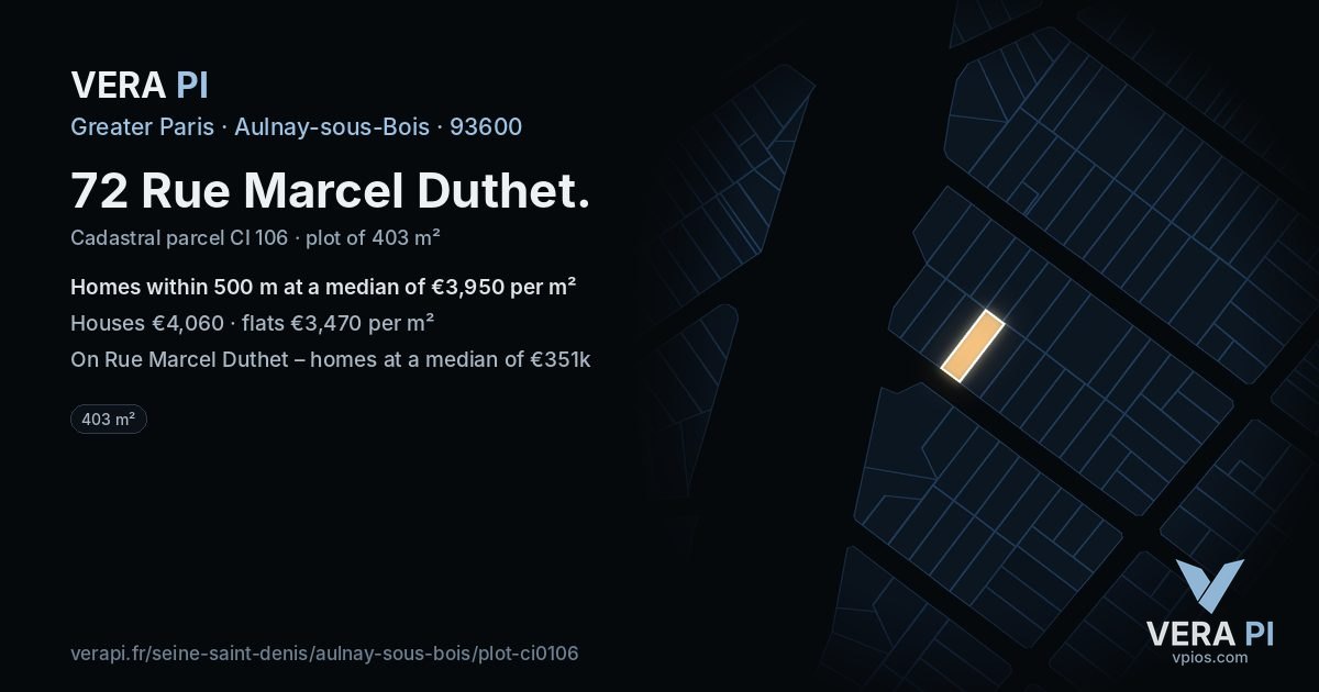 72 Rue Marcel Duthet, Aulnay-sous-Bois at night – the plot lit, the parcels around coloured by the prices near them