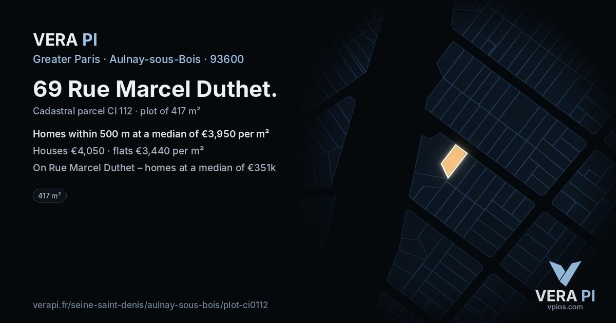 69 Rue Marcel Duthet, Aulnay-sous-Bois at night – the plot lit, the parcels around coloured by the prices near them