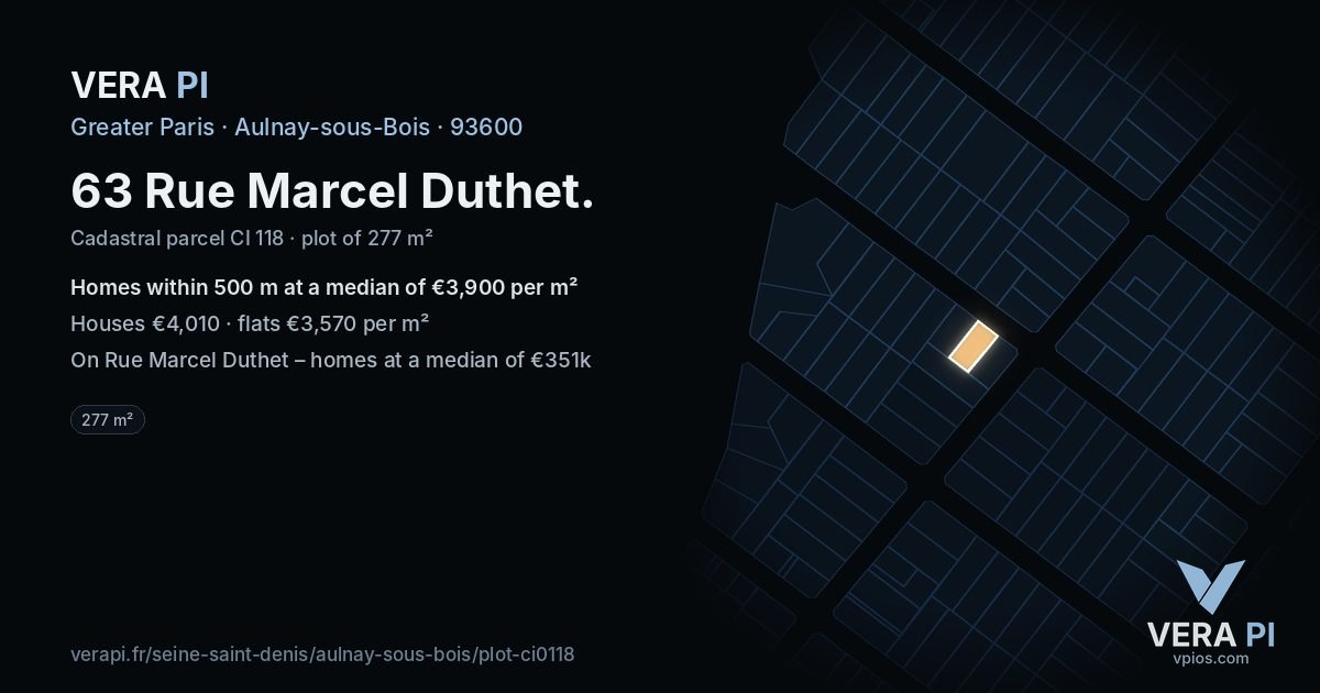 63 Rue Marcel Duthet, Aulnay-sous-Bois at night – the plot lit, the parcels around coloured by the prices near them