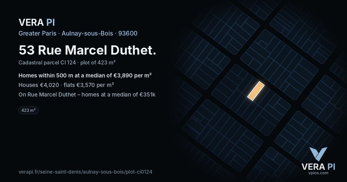53 Rue Marcel Duthet, Aulnay-sous-Bois at night – the plot lit, the parcels around coloured by the prices near them