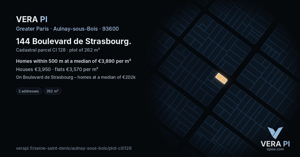 144 Boulevard de Strasbourg, Aulnay-sous-Bois at night – the plot lit, the parcels around coloured by the prices near them