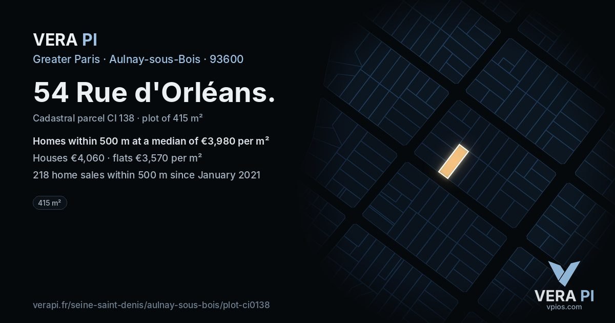 54 Rue d'Orléans, Aulnay-sous-Bois at night – the plot lit, the parcels around coloured by the prices near them